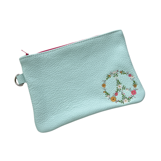 Mint Breeze Embroidered Peace Sign Wristlet Pouch - RTS