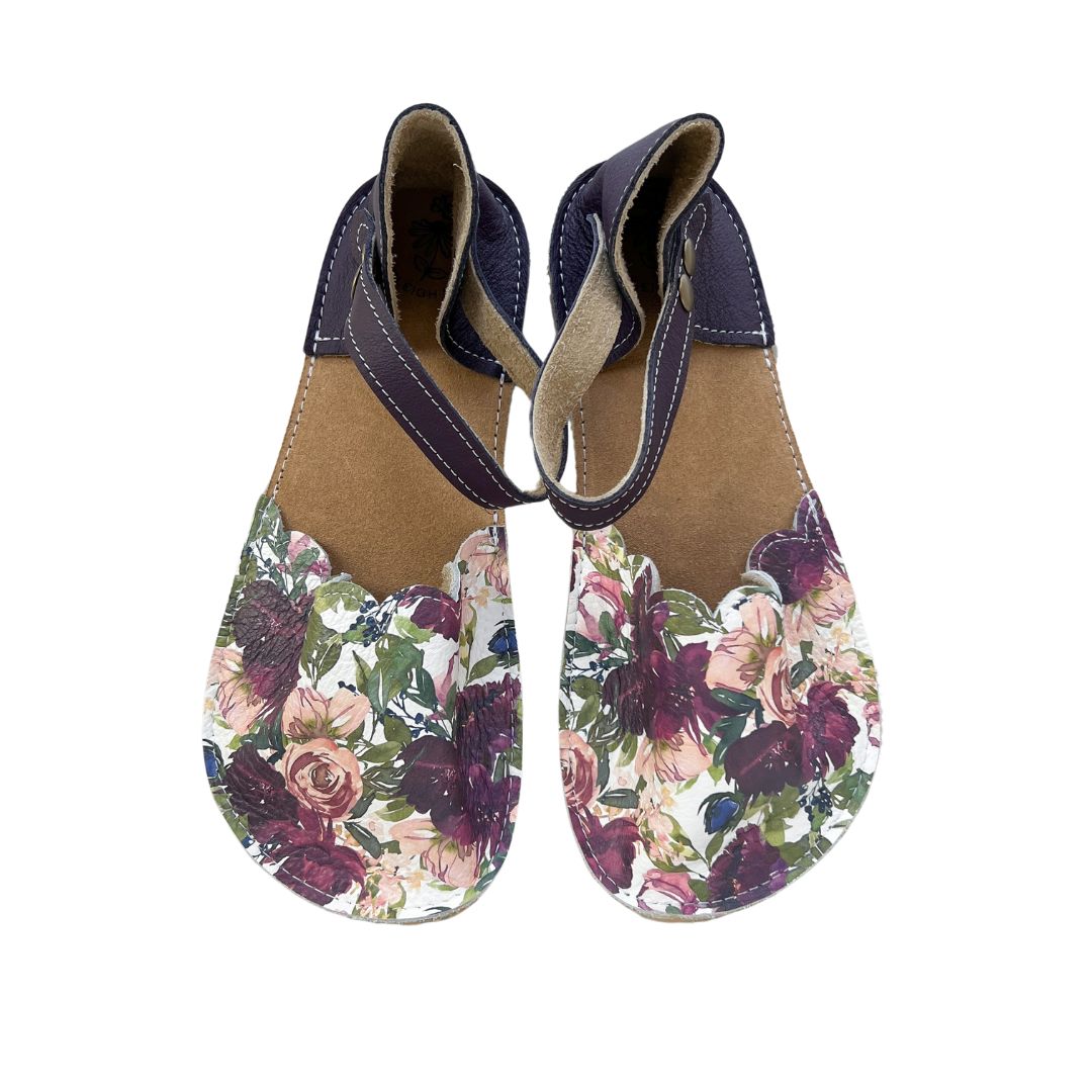 Ready To Ship - Berry Floral/Sugar Plum 2 Tone Scalloped Explorer Mama Sandals 8 Standard