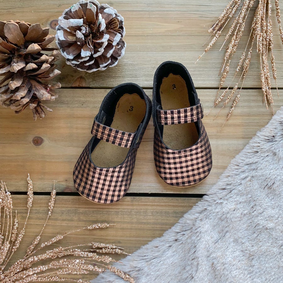Load image into Gallery viewer, Rose Gold Plaid Suede Baby Janes - RTS
